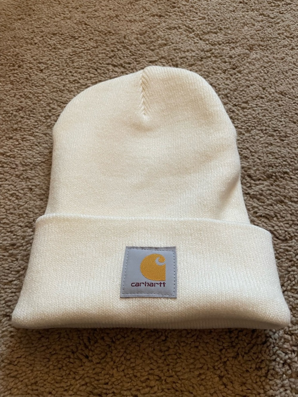 Carhartt White Beanie with Yellow Logo Patch